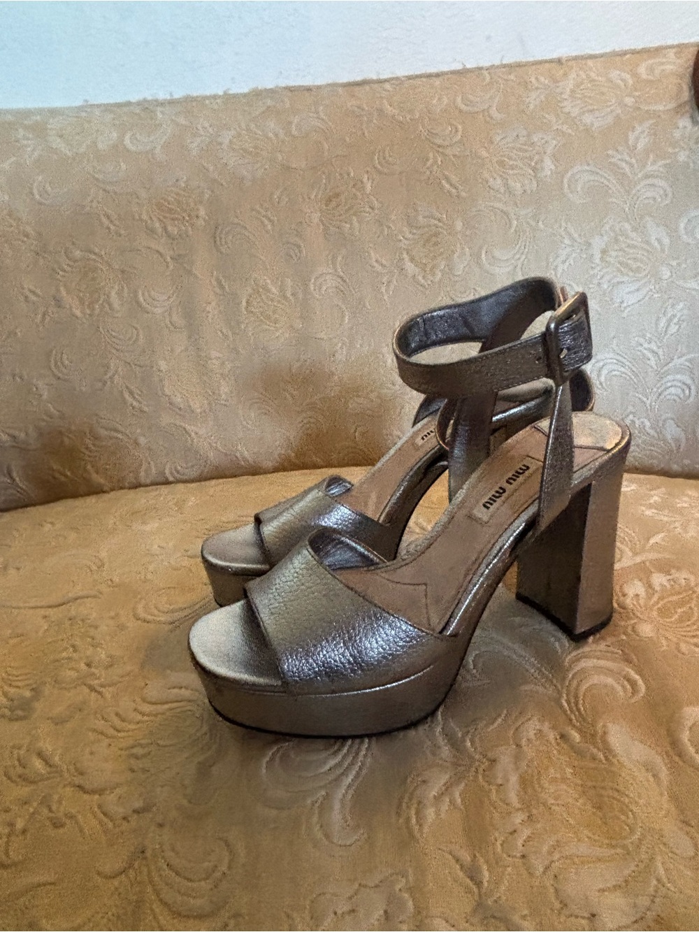 Miu Miu silver Metallic Platform Sandal with Ankle Strap
